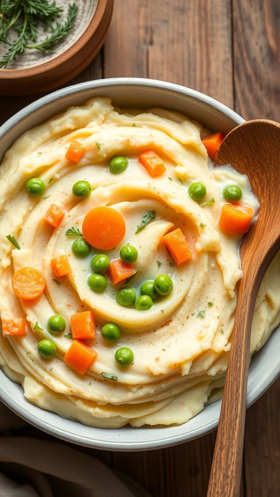 A bowl of creamy mashed vegetables with potatoes, carrots, and peas, garnished with herbs, on a rustic table.